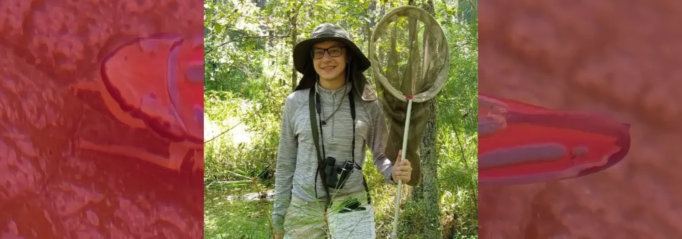 Kiegan Baranski is featured in this image holding a net meant to capture insects. The background image is a leafhopper found in Missouri.