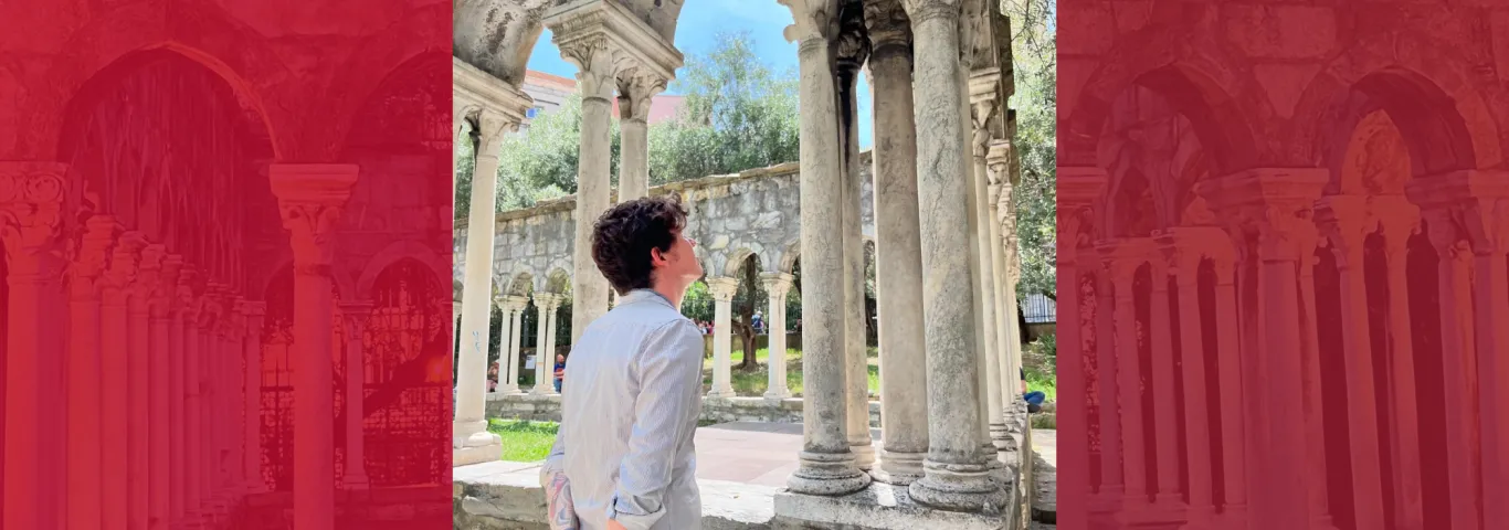 Lee Morrison visiting cloister of Sant'Andrea in Genoa