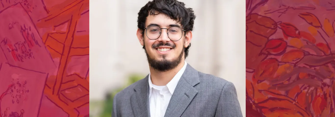 Image of Ben Wexler, Graduate Student in History, with an image of a gouache painting in the background by Charlotte Salomon