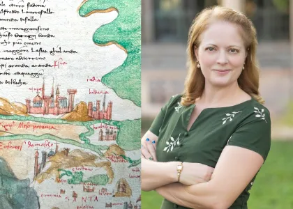 Carrie Benes pictured next to historical illustrations