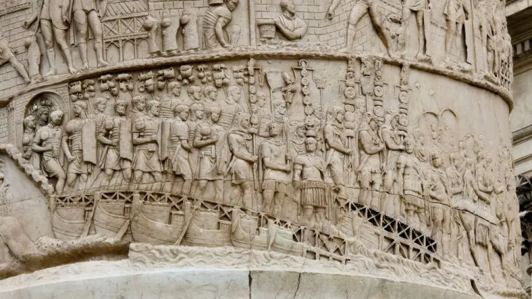 Roman soldiers marching and boarding boats, in a detail from Trajan’s Column. (Photo: Shutterstock)
