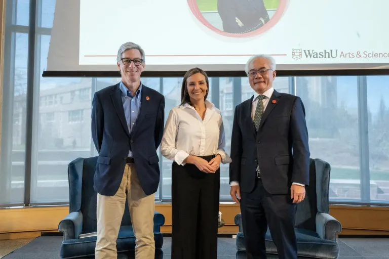Mary Bruce, pictured with Peter Kastor and Dean Feng Sheng Hu, told students how she built her career in political journalism from behind-the-scenes newsroom roles to the White House briefing room during her talk on campus. (Credit: Sean Garcia)