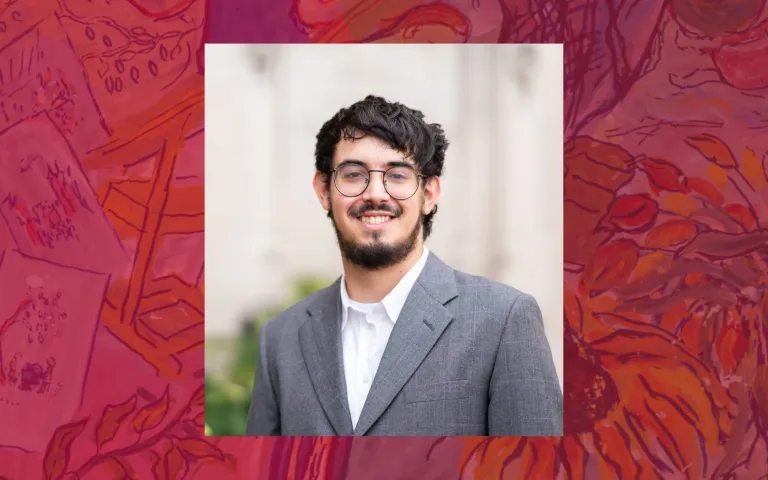 Image of Ben Wexler, Graduate Student in History, with an image of a gouache painting in the background by Charlotte Salomon