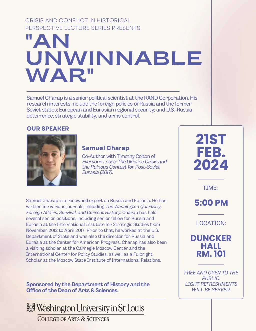 "Samuel Charap, An Unwinnable War Flyer"