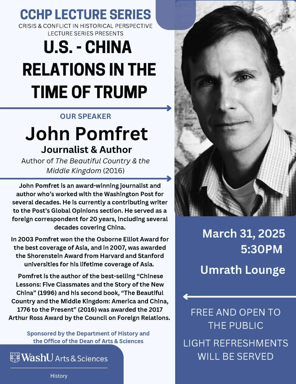 "Flyer for John Pomfret's lecture, "U.S.-China Relations in the Time of Trump, presented in spring 2025"