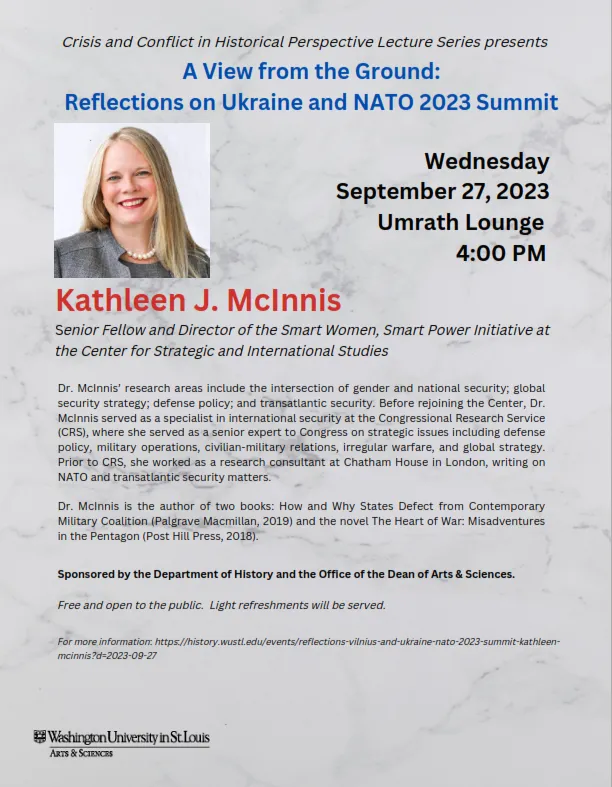 "Flyer for Kathleen McInnis' Fall 2023 Leture, "A View from the Ground: Reflections on Ukraine and NATO 2023 Summit""