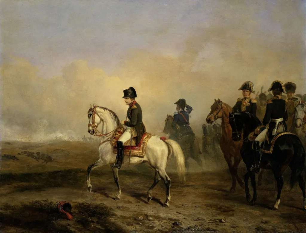 "Photo: Emperor Napoleon I and his Staff on Horseback, Horace Vernet, c. 1815-50, French oil painting. In the distance is the smoke from a battle of the Napoleonic Wars | Shutterstock"