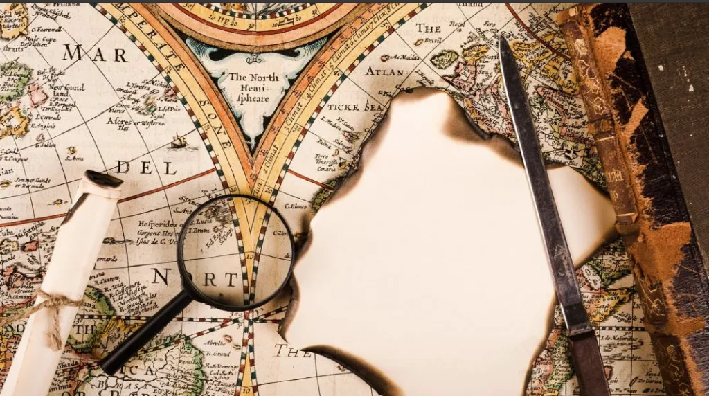 "Vintage style map with magnifying glass"