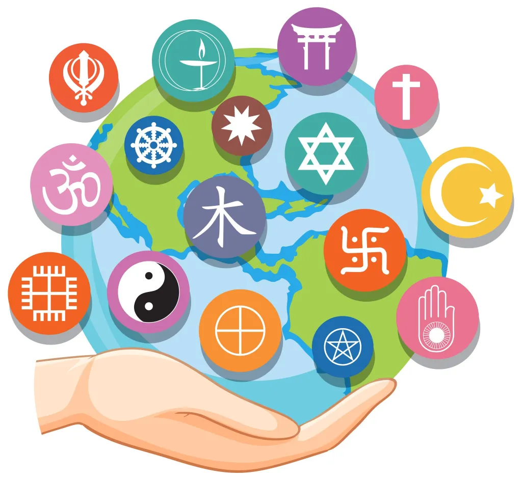 "Image of a hand holding the world with religious symbols"