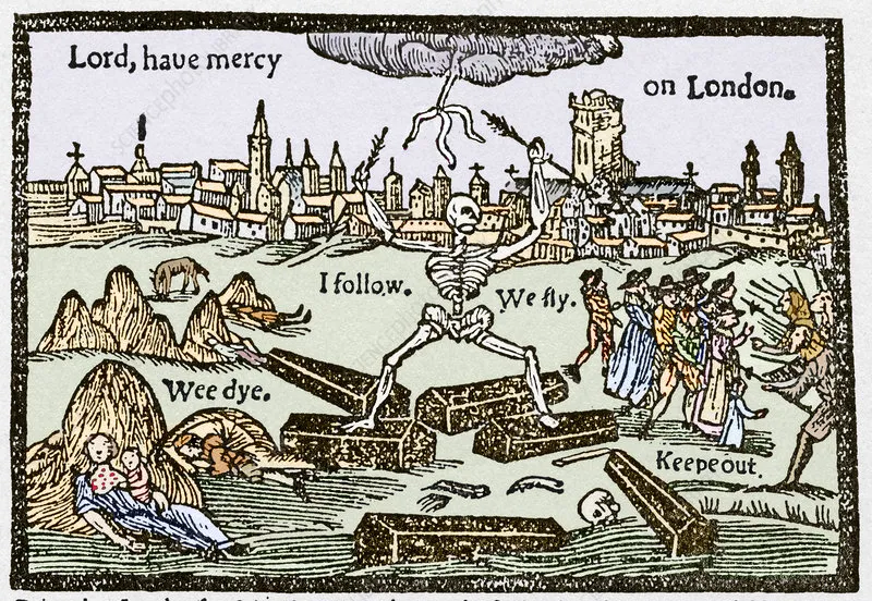 "Print illustrating the black death, stating 'lord have mercy on London. I follow. We Fly. Wee Dye. Keepe out.'"
