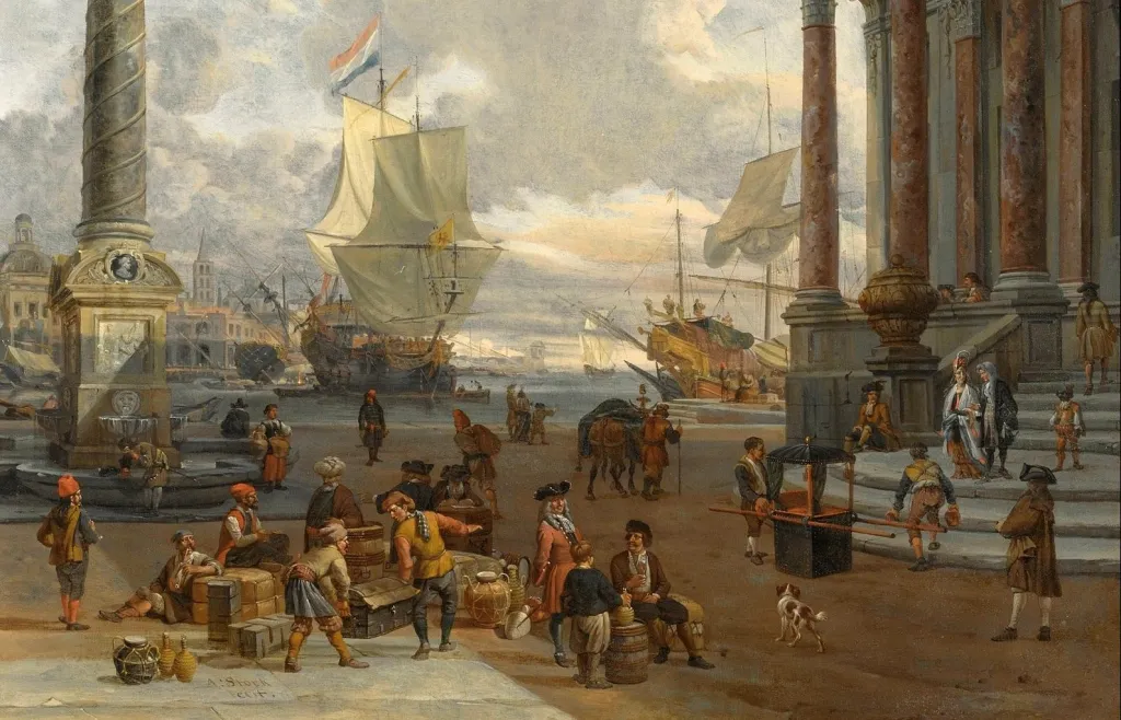 "Watercolor illustrating the creation of capitalism, associated with a course taught by Christine Johnson"