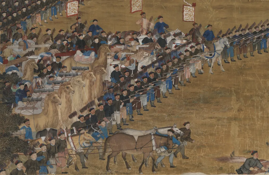 "Arigun bringing reinforcements to General Zhaohui to lift the siege of the Black River fort, 1759."