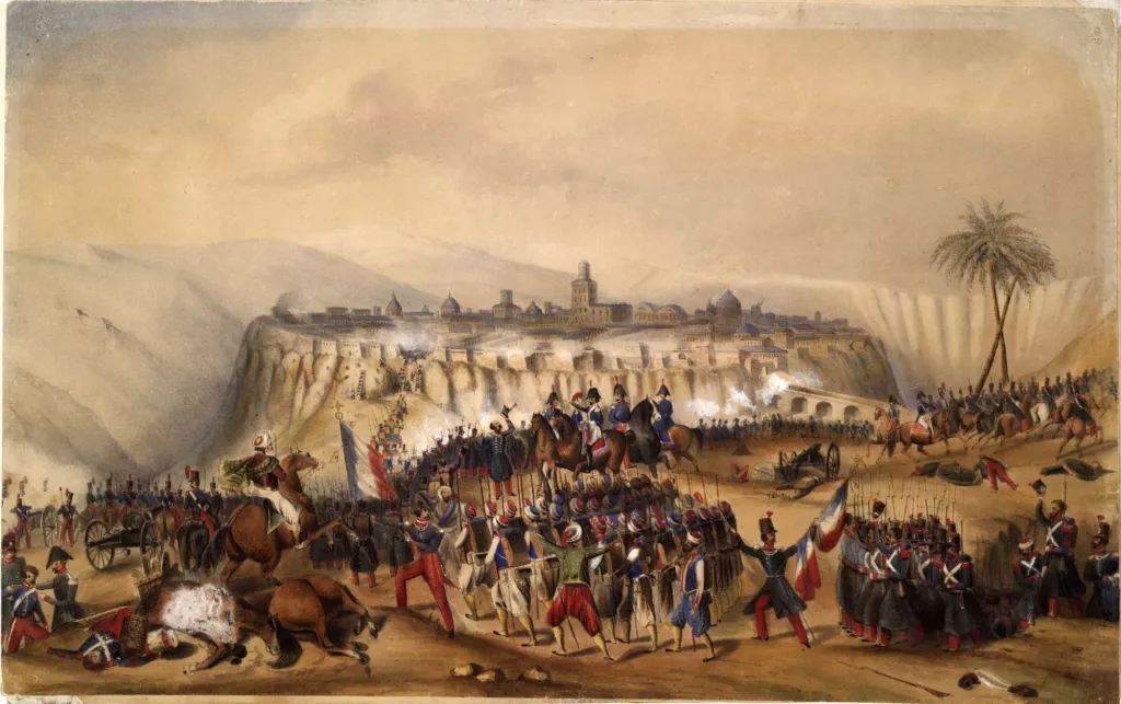 "An 1837 watercolor depicts French forces advancing across cliffs and through a breach in the wall of the fortified city of Constantine in Algeria. Artist possibly Jean-Louis Gaspard of the 31st Regiment of Infantry. Anne S.K. Brown Military Collection at the Brown University Library/Library of Congress"