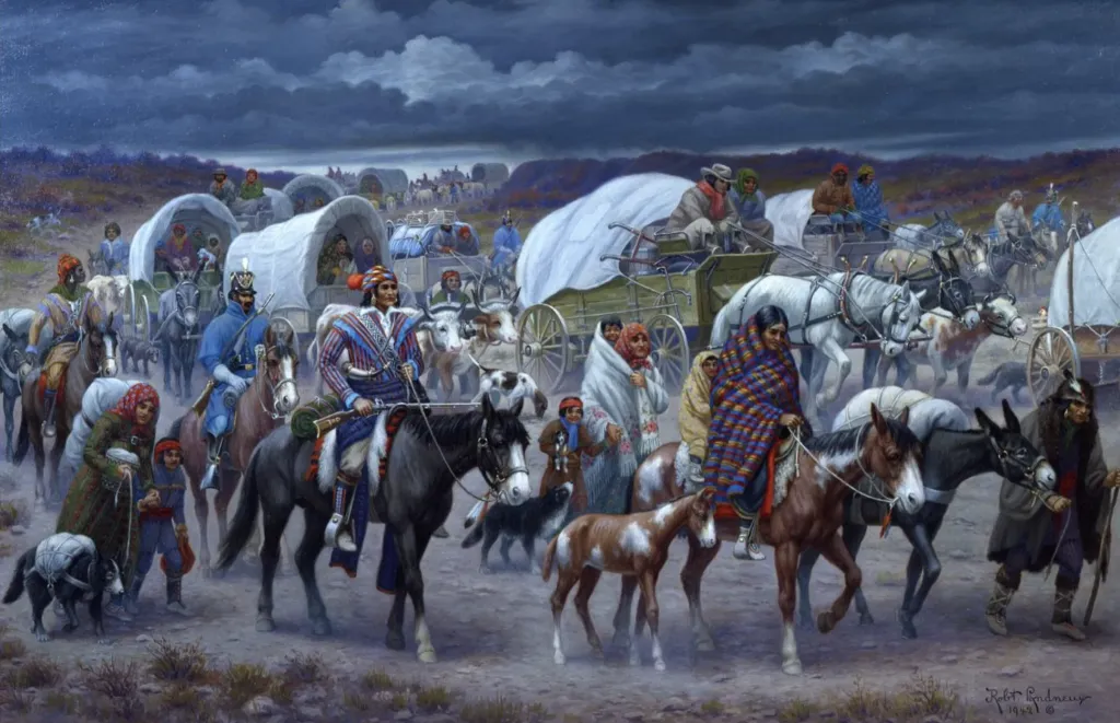 "In his 1942 painting Cherokee Trail of Tears, Robert Lindneux depicts the forced journey of the Cherokees in 1838 to present-day Oklahoma.  Courtesy of Woolaroc Museum, Bartlesville, Oklahoma"