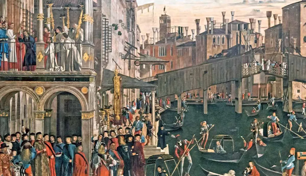 "Renaissance painting Miracle of the Relic of the Cross at the Ponte di Rialto (c. 1496) by the Italian artist Vittore Carpaccio"