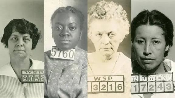 "The image displays four historical black-and-white mugshots of women from the early 20th century, featuring identification placards from the W.S.P. (Washington State Penitentiary)."