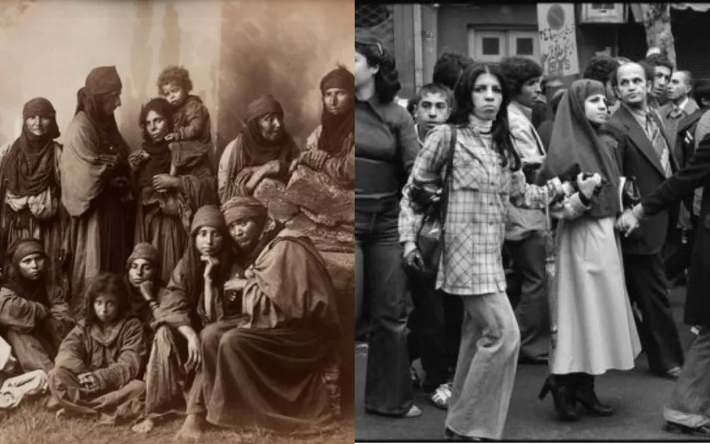 "To the left, Groupe de Bédouines Syriennes (Group of Bedouin Women), to the right, Iranian women marching in Tehran in 1979 during protests against the newly introduced mandatory hijab decree"