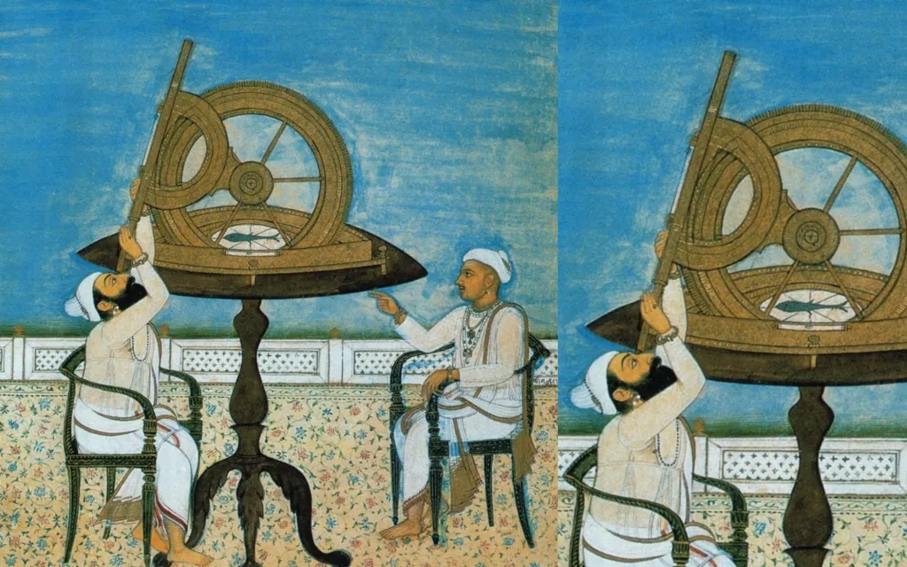 "historical Indian painting, attributed to around 1840 during the late Mughal or Sikh period (often identified as Lehna Singh Majithia looking through a telescope/instrument with a pundit)"
