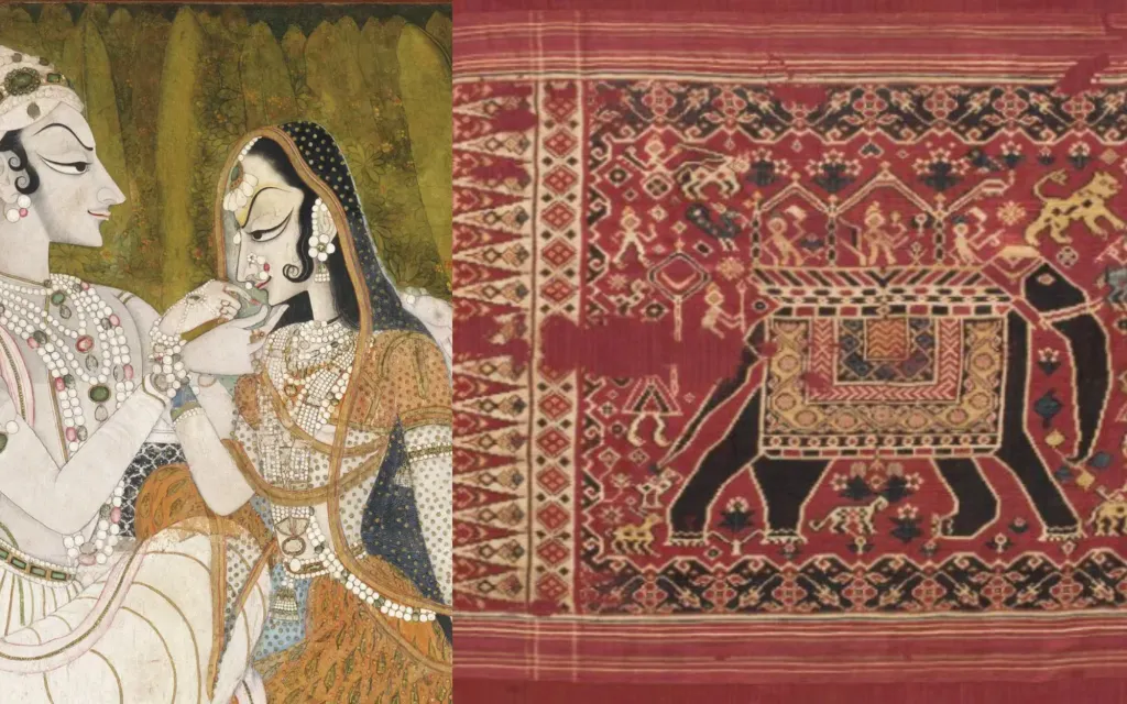 "A clipping of an image featuring 'Krishna and Radha', c 1750, artist unknown. Photo courtesy Philadelphia Museum of Art. The right side features a portion of a Gujarat, ceremonial banner, courtesy jhna.org."