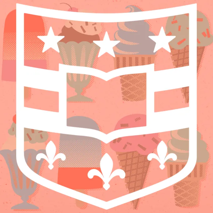 "WashU White Shield Logo with ice cream graphic in the background"