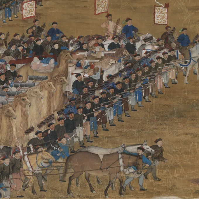 "Arigun bringing reinforcements to General Zhaohui to lift the siege of the Black River fort, 1759."