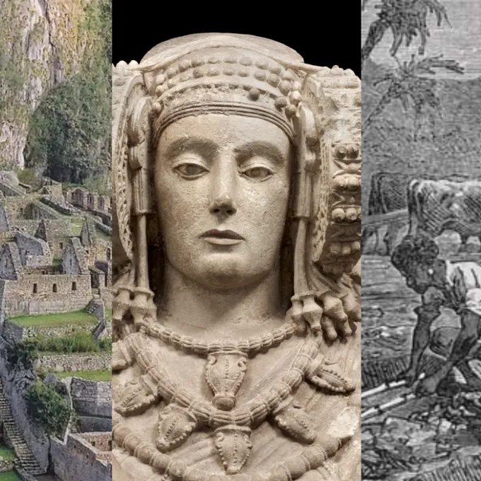 "Iberian sculpture, black and white print of harvesting sugar Latin America"