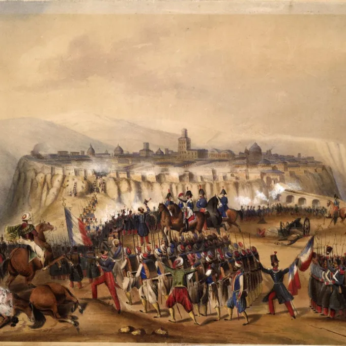 "An 1837 watercolor depicts French forces advancing across cliffs and through a breach in the wall of the fortified city of Constantine in Algeria. Artist possibly Jean-Louis Gaspard of the 31st Regiment of Infantry. Anne S.K. Brown Military Collection at the Brown University Library/Library of Congress"