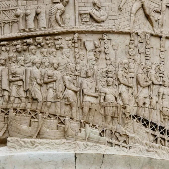 "Roman soldiers marching and boarding boats, in a detail from Trajan’s Column. (Photo: Shutterstock)"