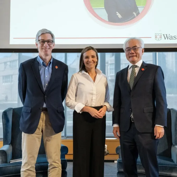 "Mary Bruce, pictured with Peter Kastor and Dean Feng Sheng Hu, told students how she built her career in political journalism from behind-the-scenes newsroom roles to the White House briefing room during her talk on campus. (Credit: Sean Garcia)"