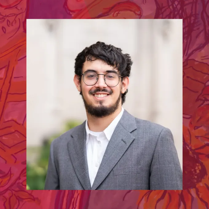 "Image of Ben Wexler, Graduate Student in History, with an image of a gouache painting in the background by Charlotte Salomon"