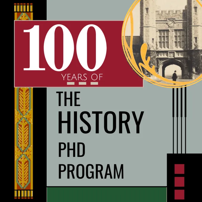 "A static image with the phrase, "100 years of the History PhD." A historical image of WashU Brookings is located in the upper right corner of the image, with art deco graphics surrounding it."