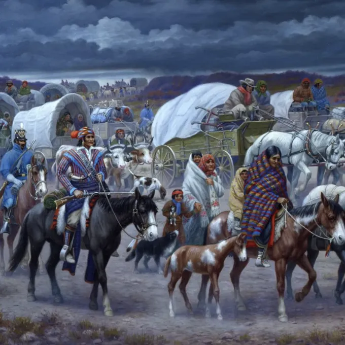 "In his 1942 painting Cherokee Trail of Tears, Robert Lindneux depicts the forced journey of the Cherokees in 1838 to present-day Oklahoma.  Courtesy of Woolaroc Museum, Bartlesville, Oklahoma"