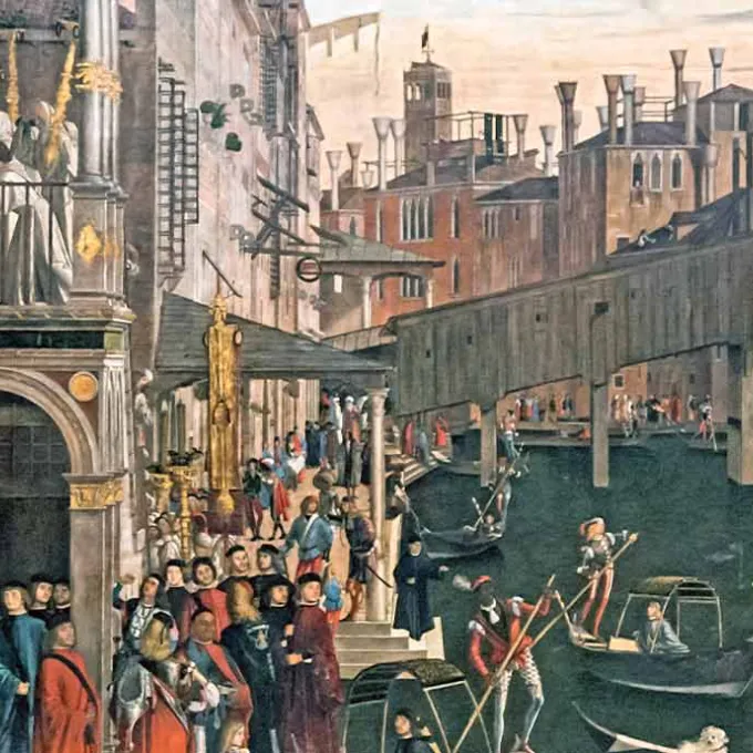 "Renaissance painting Miracle of the Relic of the Cross at the Ponte di Rialto (c. 1496) by the Italian artist Vittore Carpaccio"
