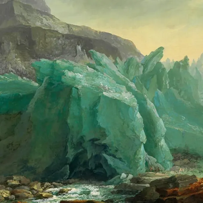 "This painting is titled The Lower Grindelwald Glacier with Lütschine and the Mettenberg and was created by Swiss artist Caspar Wolf in 1774"