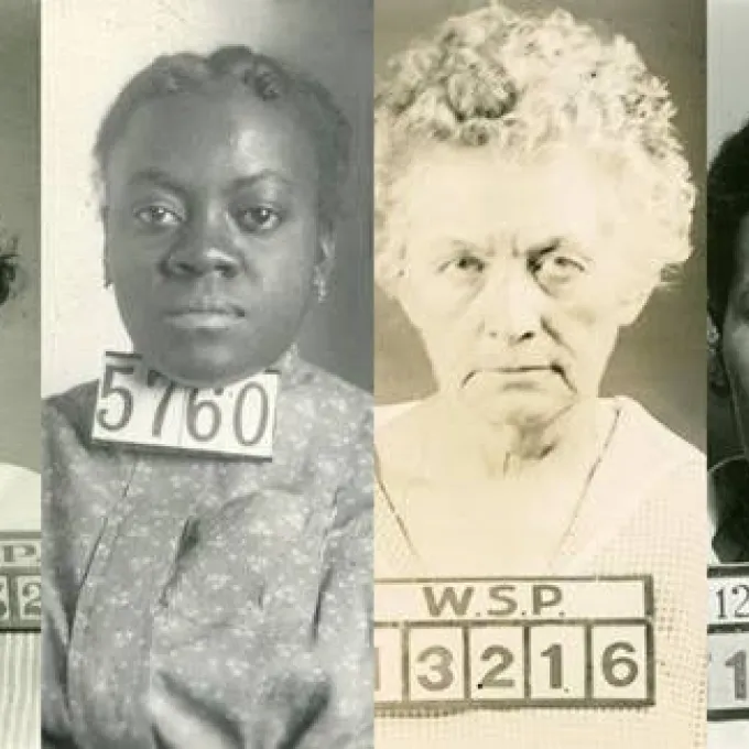"The image displays four historical black-and-white mugshots of women from the early 20th century, featuring identification placards from the W.S.P. (Washington State Penitentiary)."