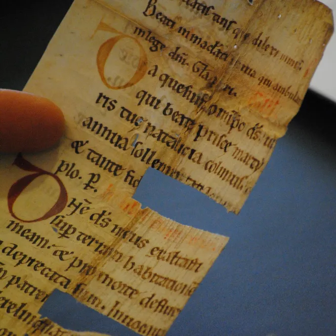 "Manuscript fragment salvaged from an early modern book binding in the Hidden Library Project at Leiden University Library."