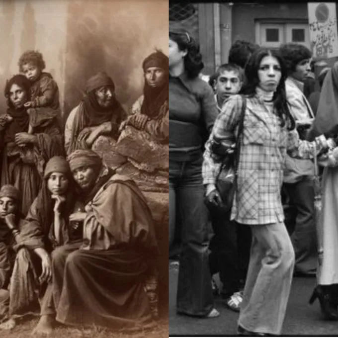 "To the left, Groupe de Bédouines Syriennes (Group of Bedouin Women), to the right, Iranian women marching in Tehran in 1979 during protests against the newly introduced mandatory hijab decree"