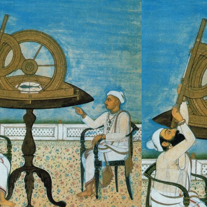 "historical Indian painting, attributed to around 1840 during the late Mughal or Sikh period (often identified as Lehna Singh Majithia looking through a telescope/instrument with a pundit)"