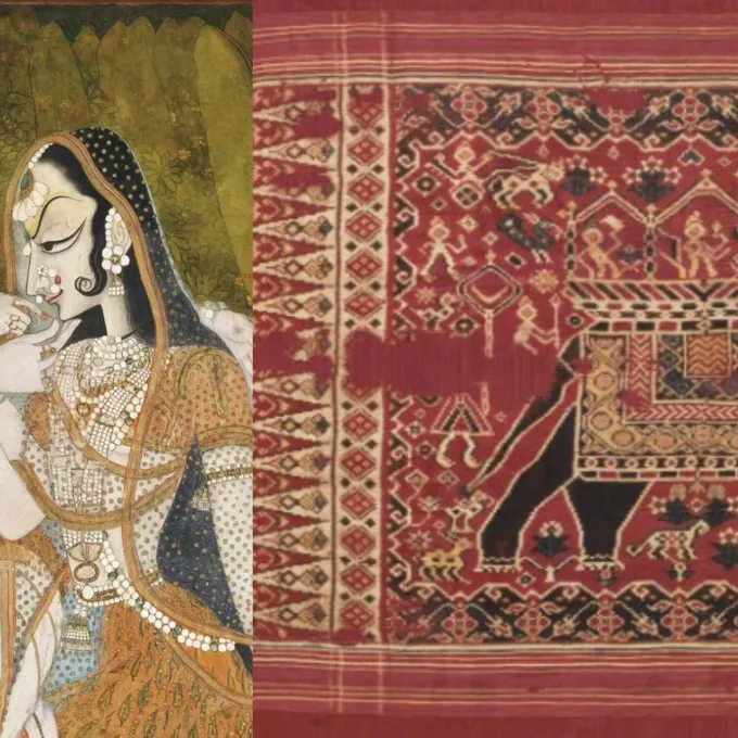"A clipping of an image featuring 'Krishna and Radha', c 1750, artist unknown. Photo courtesy Philadelphia Museum of Art. The right side features a portion of a Gujarat, ceremonial banner, courtesy jhna.org."